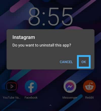 click on ok in instagram uninstall dialog