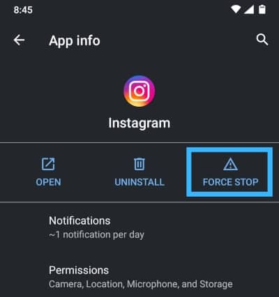force stop instagram app